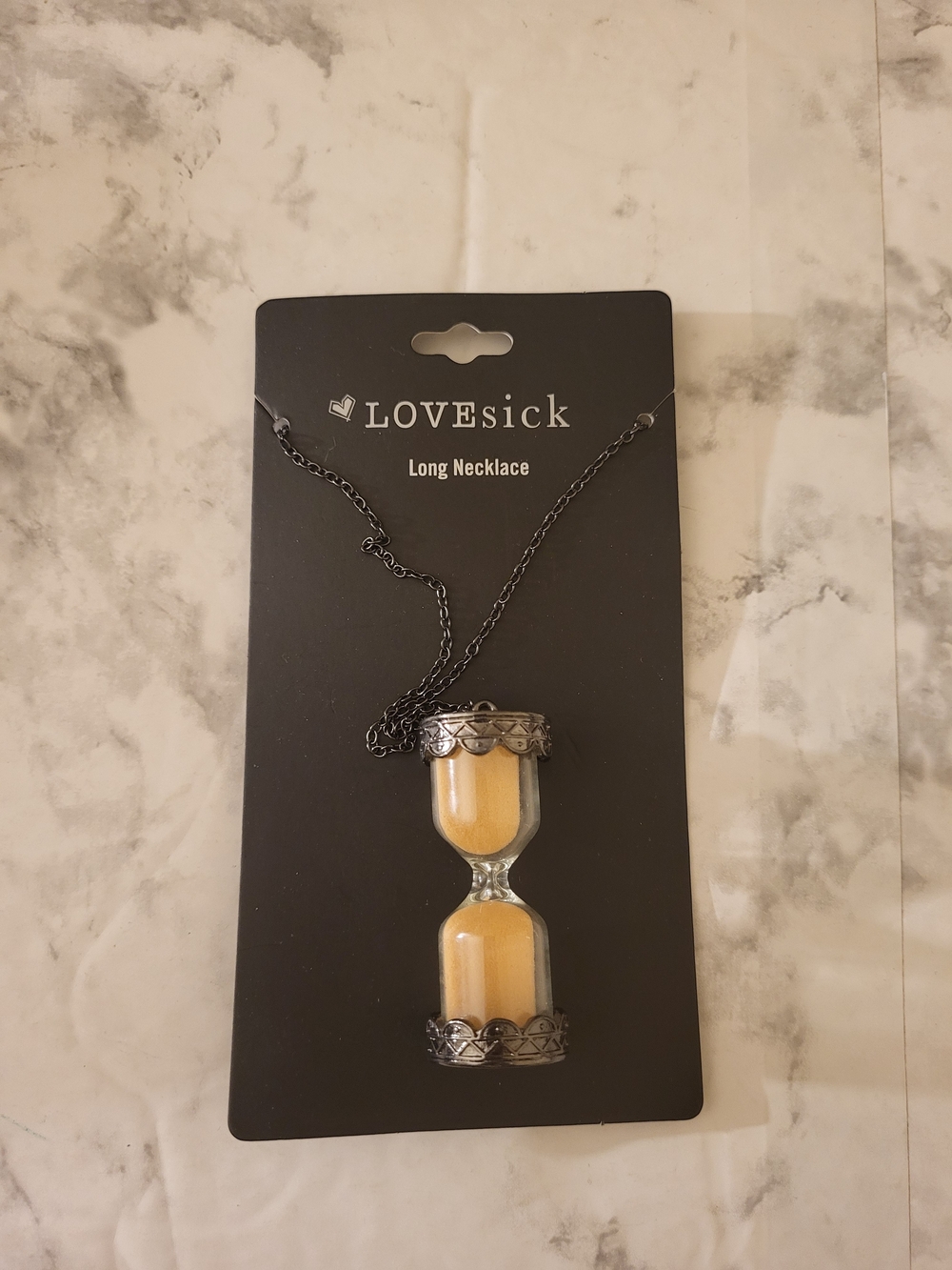 Lovesick Hourglass Pendant Necklace - Black Chain, Yellow Sand